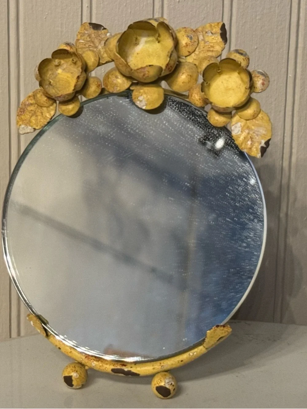 Vintage Vanity Floral Embellished Round Tabletop Mirror on Adjustable Stand